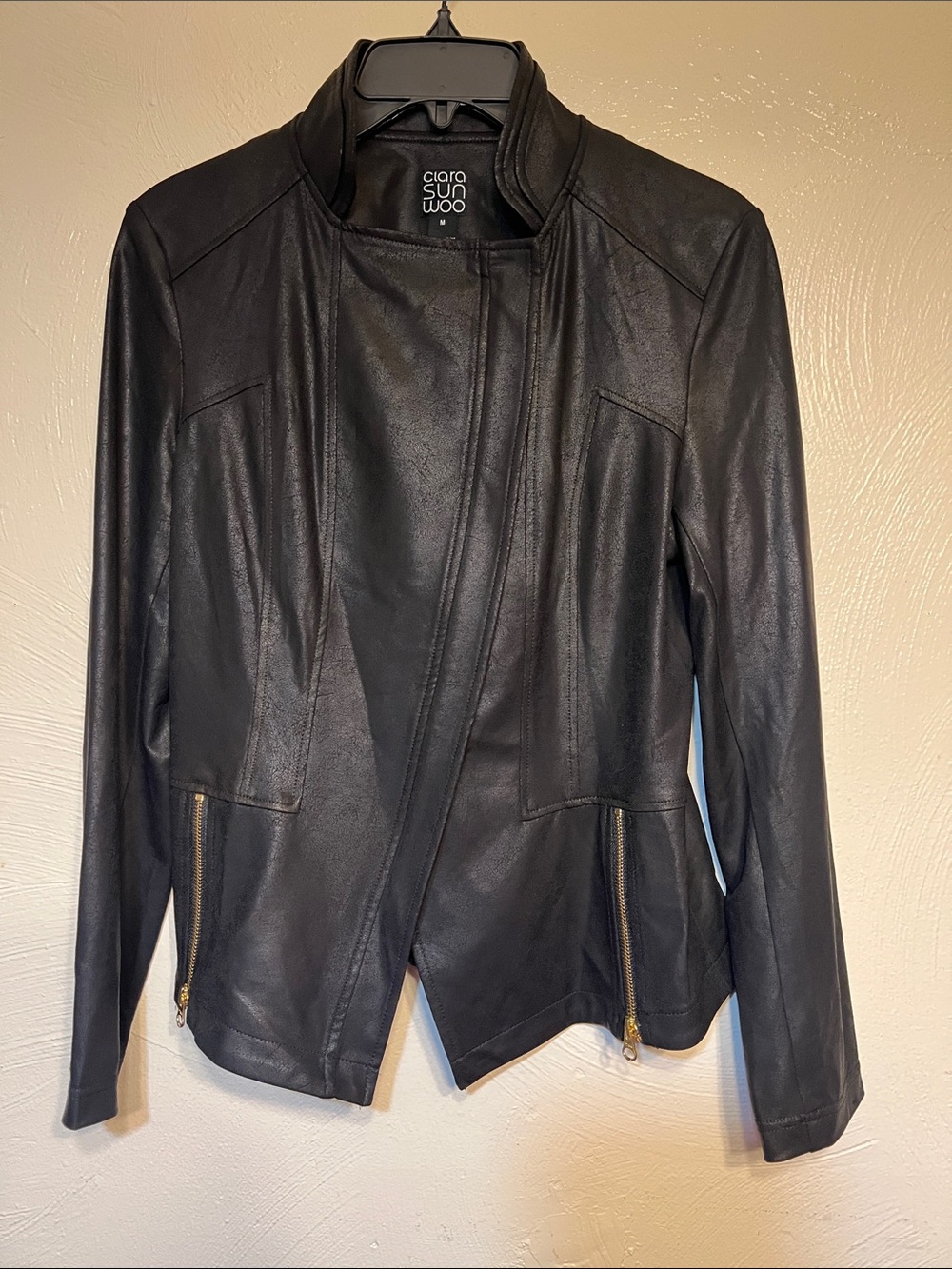 Clara Sun Woo Womens Liquid Faux Leather Moto Jacket Sz Med Black Asymmetrical